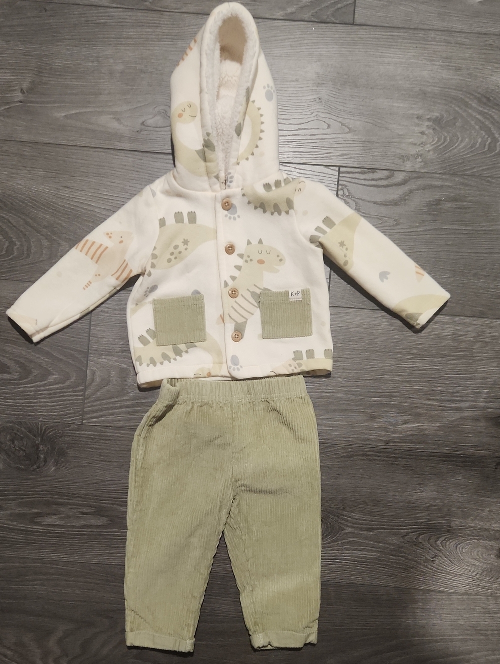 Baby Dino Print Hooded Jacket & Corduroy Pants Set - Cream & Sage